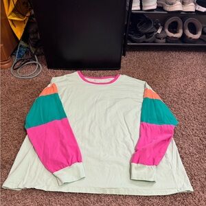 Colorblock Long Sleeve Tee - Mint with Pink & Teal
